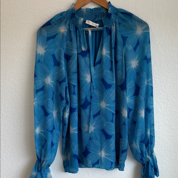 Ramy Brook Tops - RAMY BROOK • Blue Floral Smocked Tie-Neck Blouse • Small